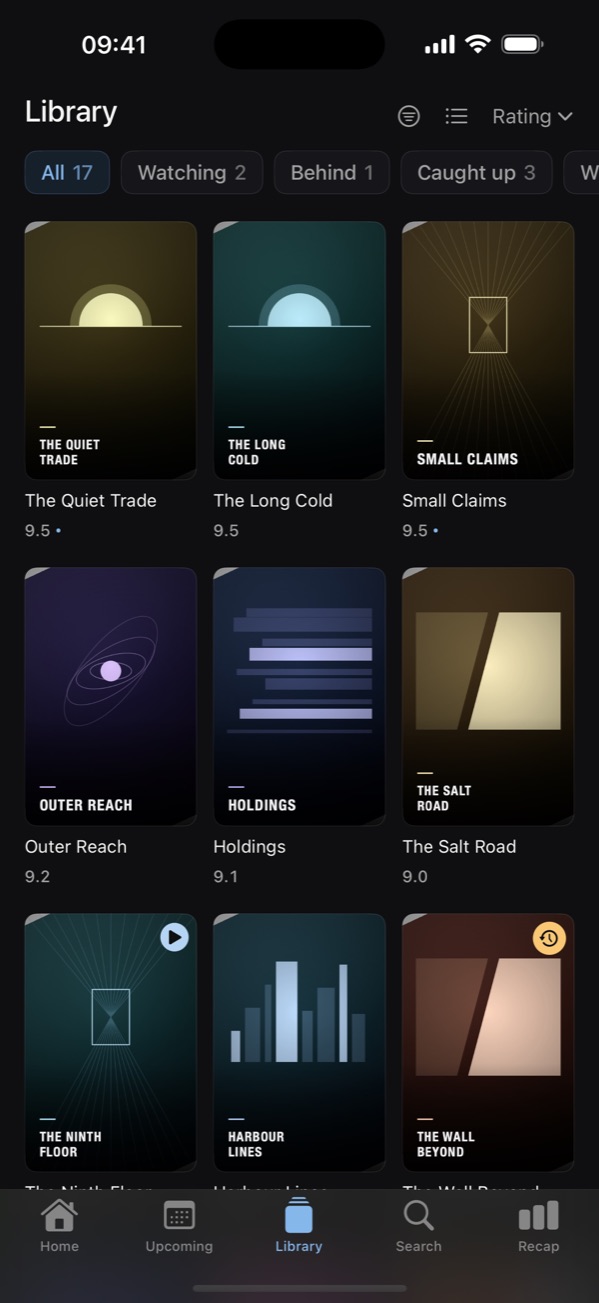 The library, a grid of show posters with ratings beneath each